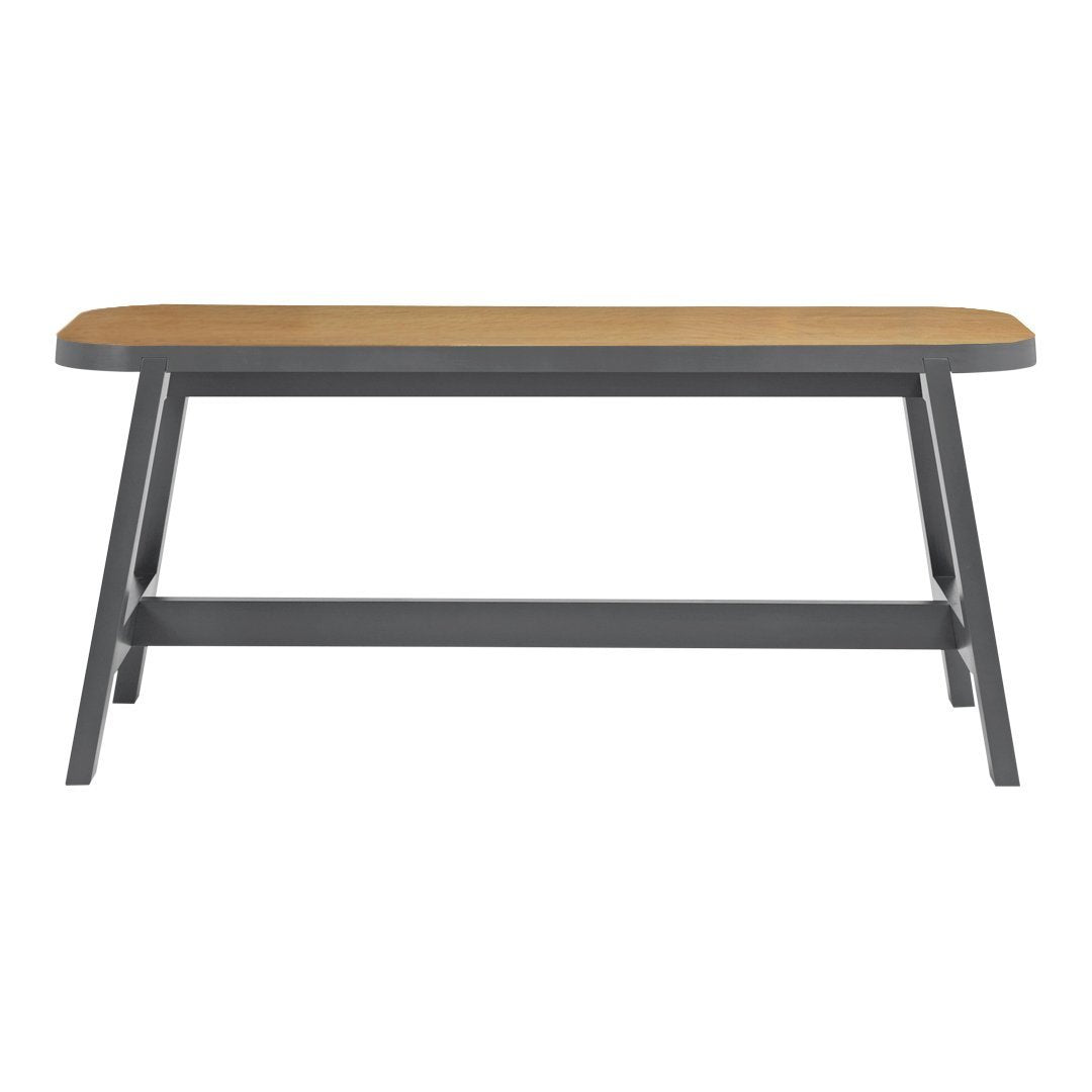 Natural wood and grey metal table featuring a smooth surface and sleek, modern design. Ideal for contemporary spaces.