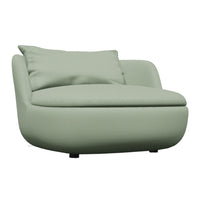 Soft green curved armchair with a smooth, solid fabric and a plush back cushion. Ideal for modern interiors.