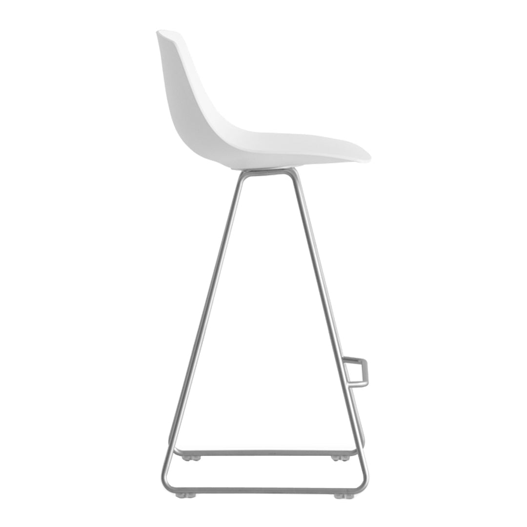 White molded bar stool with a sleek metal frame, featuring a modern minimalist design. Perfect for contemporary spaces.
