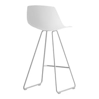 White modern bar stool with a smooth finish and minimalist silver metal legs. Perfect for contemporary décor.