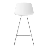 White modern stool with a sleek design and chrome legs, perfect for minimalist decor.