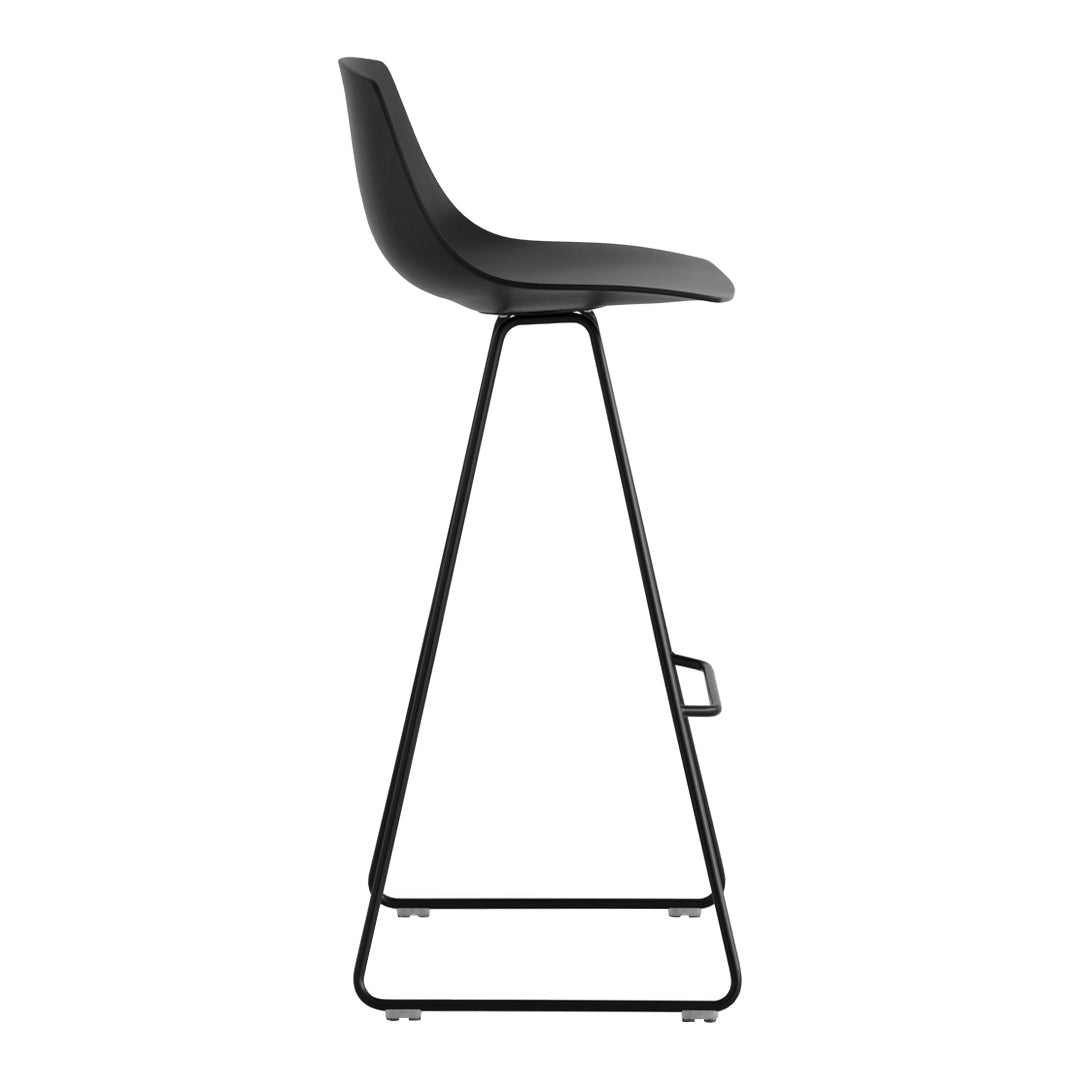 Sleek black bar stool with a minimalist design and contrasting metal frame, perfect for modern decor.
