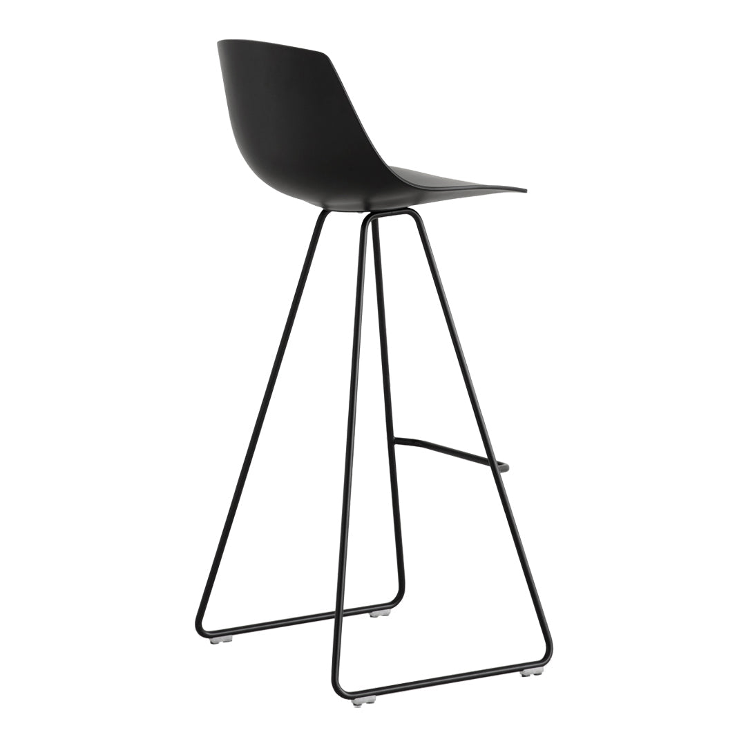 Black bar stool with a sleek design, featuring a smooth seat and thin, angular metal legs for a modern look.