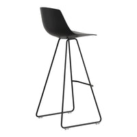 Black bar stool with a sleek design, featuring a smooth seat and thin, angular metal legs for a modern look.