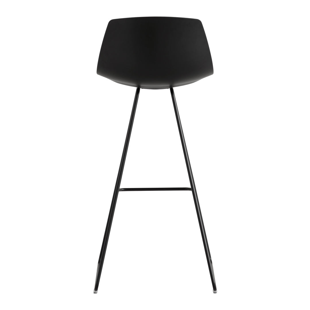 Sleek black bar stool with a smooth, minimalistic design and slender metal legs. Perfect for modern interiors.