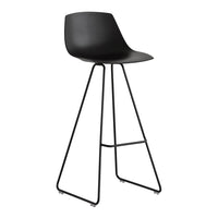 Black modern bar stool with a sleek plastic seat and minimalist metal frame. Ideal for contemporary decor.