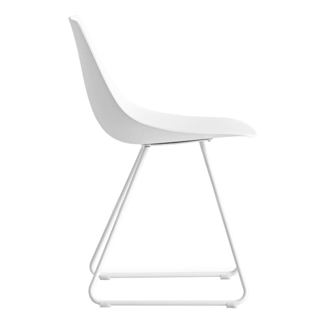 White plastic chair with a smooth, minimalist design and a sleek metal frame, perfect for modern decor.