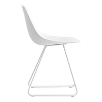 White plastic chair with a smooth, minimalist design and a sleek metal frame, perfect for modern decor.