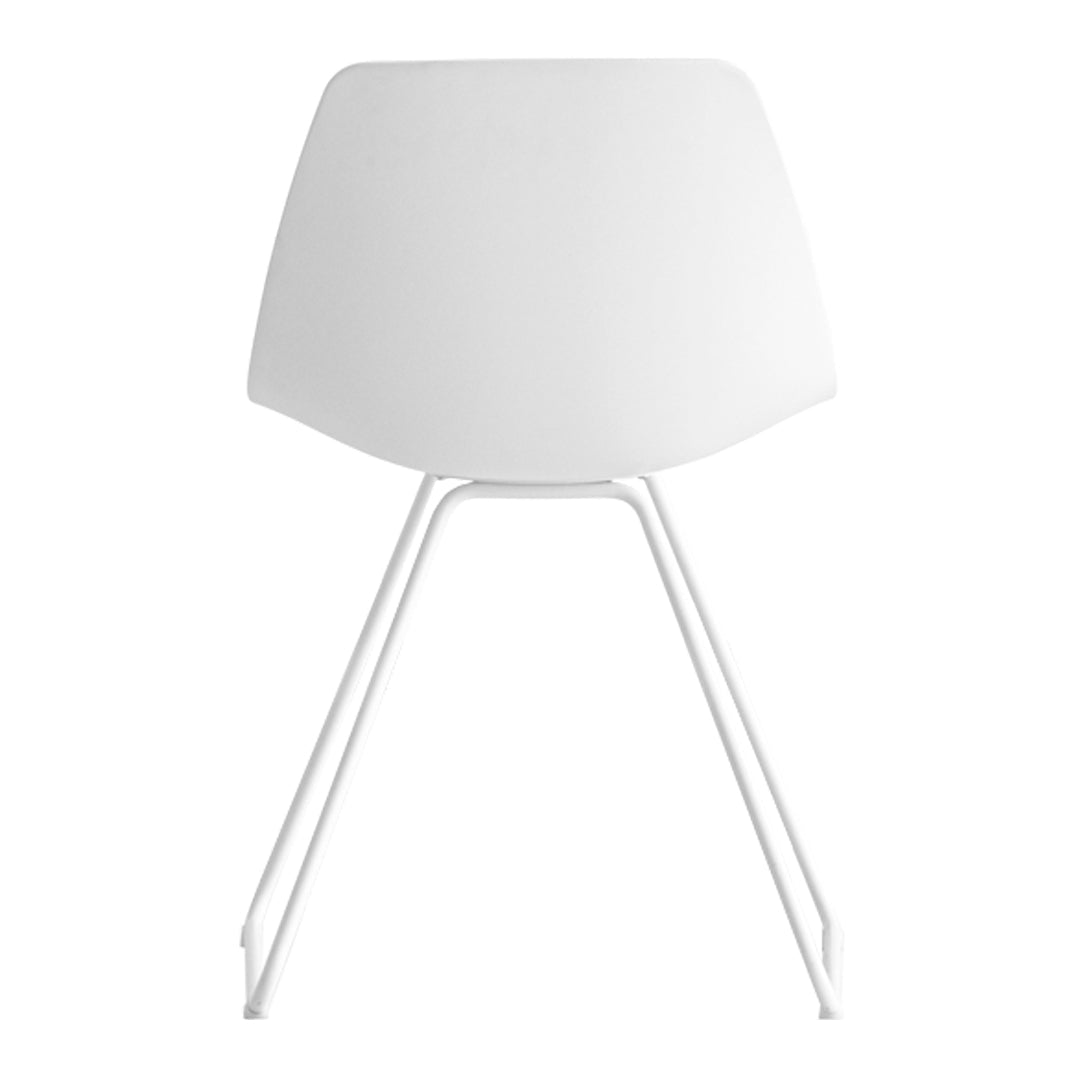 Modern white chair with a smooth finish and minimalist design, featuring sleek white metal legs. Perfect for any decor.