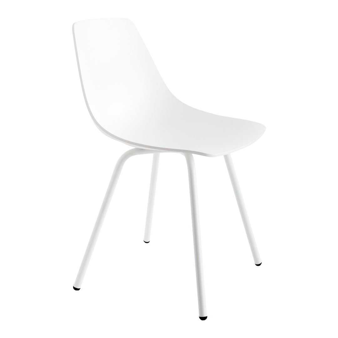White modern chair with a sleek, minimalist design and smooth, matte finish. Perfect for contemporary decor.