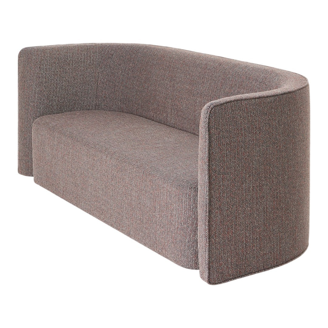 Curved sofa in a soft, textured gray fabric with subtle patterned details, ideal for modern decor.
