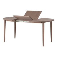 Brown wooden desk with a smooth finish and minimalist design, featuring a unique foldable top and tapered legs.