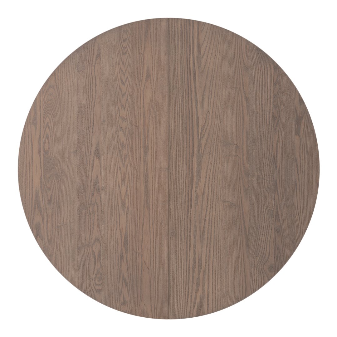 Round wooden table in a warm, muted brown finish with natural wood grain patterns. Ideal for modern decor.