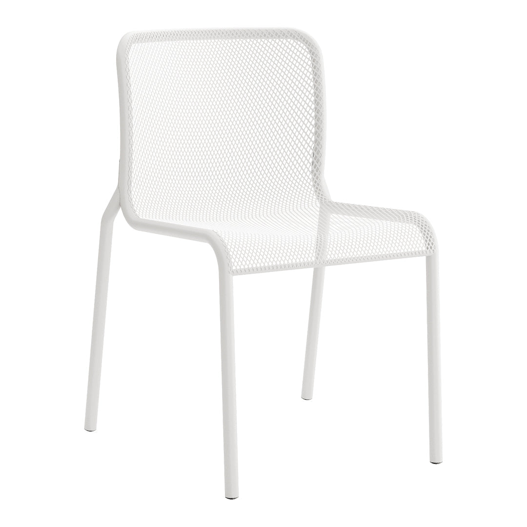 White mesh dining chair with a sleek design and minimalist style, ideal for modern indoor and outdoor settings.