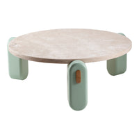 Round coffee table with a light beige top and mint green legs for a modern, stylish aesthetic.