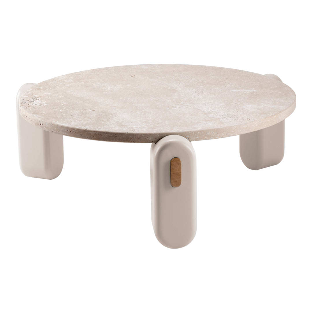 Round coffee table with a textured light stone top and smooth beige legs. Elegant and modern design for any decor.