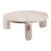 Round coffee table with a textured light stone top and smooth beige legs. Elegant and modern design for any decor.