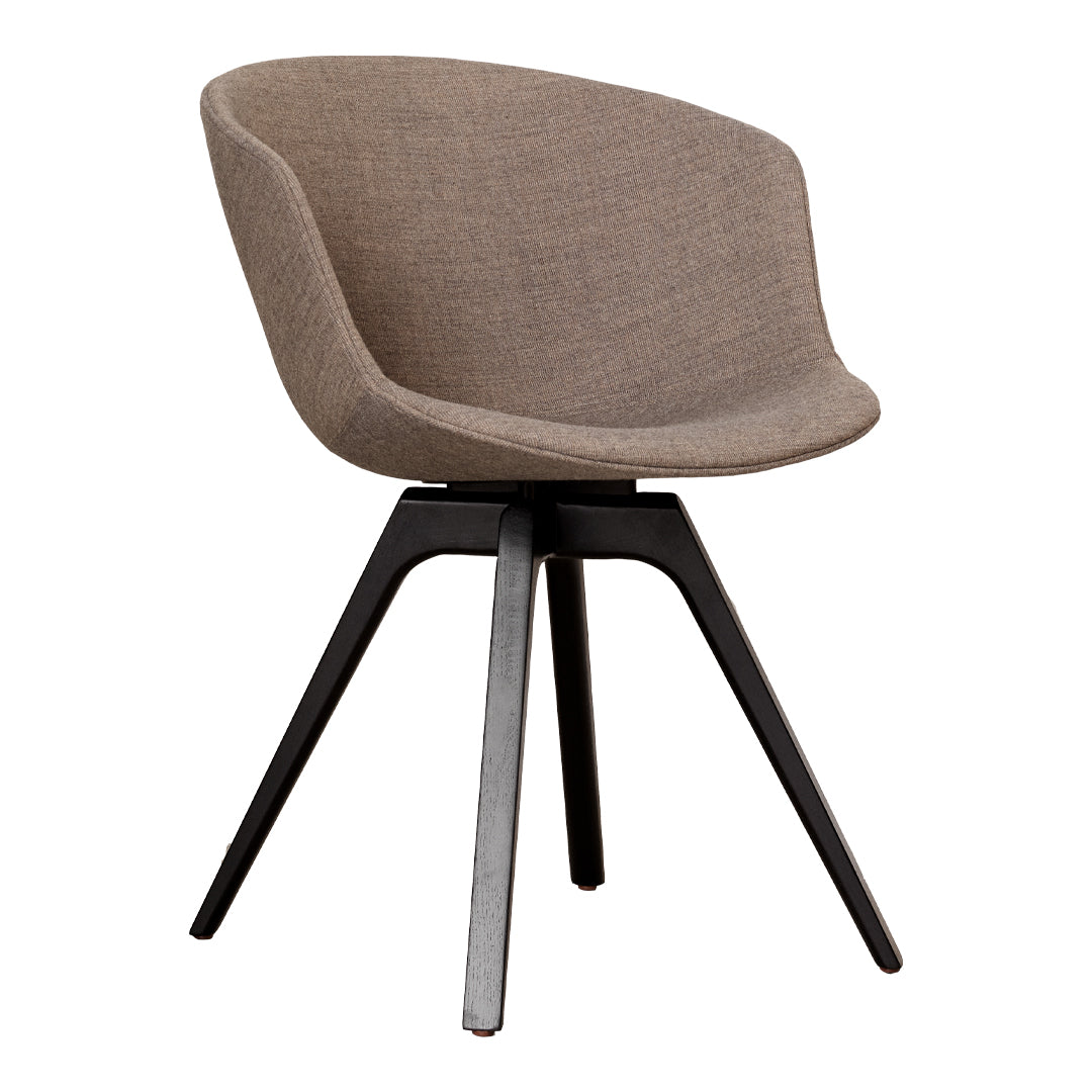 Brown fabric chair with a smooth, curved design and a sleek black metal base. Perfect for modern interiors.