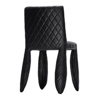 Black quilted chair with unique curved legs, featuring a diamond pattern and sleek, modern design.