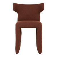 Brown upholstered chair with a minimalist design and smooth, rounded edges. Ideal for modern decor.