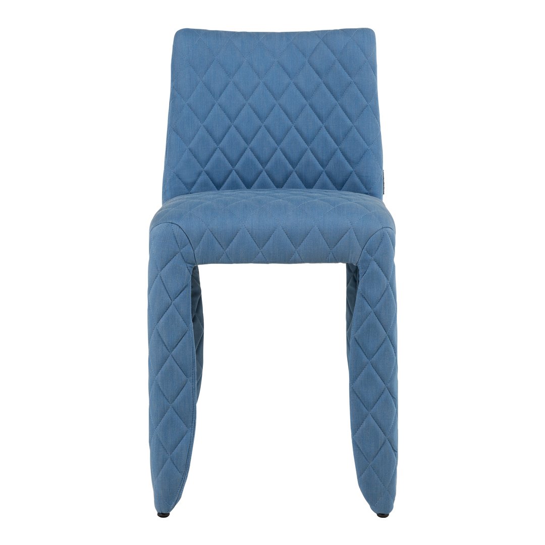 "Blue upholstered chair with diamond-patterned design for a stylish modern look."