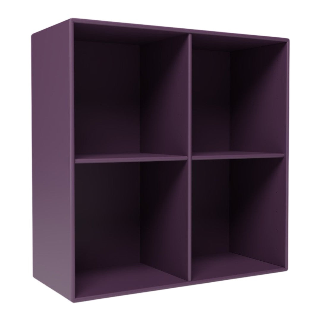 "Purple storage cubby with four open compartments, featuring a smooth matte finish."
