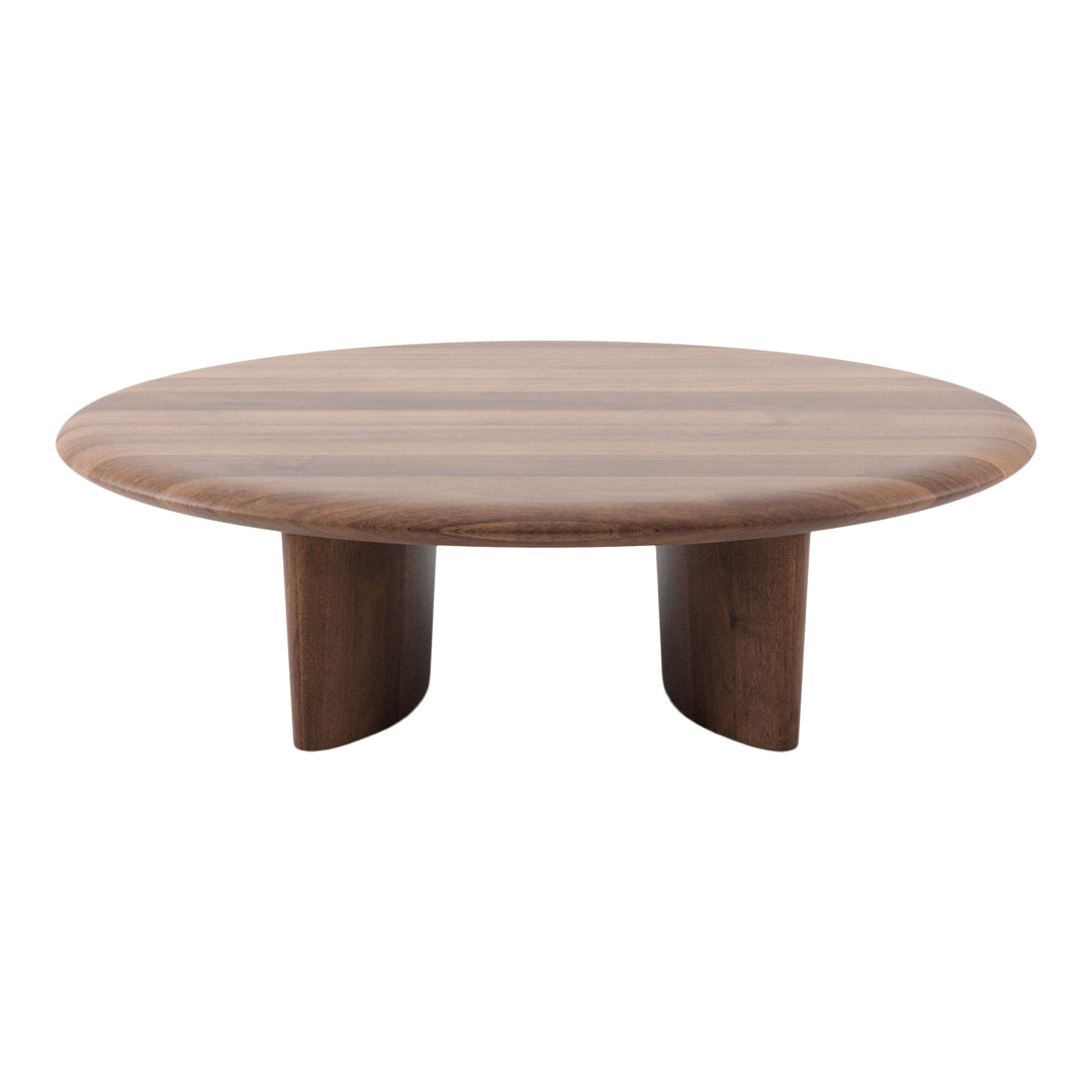 Round wooden coffee table in rich walnut finish with smooth, natural grain patterns.
