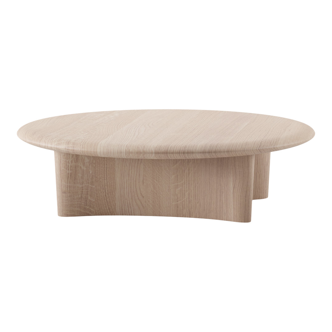 Light wood coffee table with a smooth, natural grain and rounded edges, showcasing a minimalist design.
