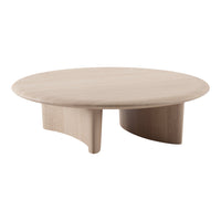 Light oak round coffee table with smooth wood grain and natural finish, featuring a minimalist design.