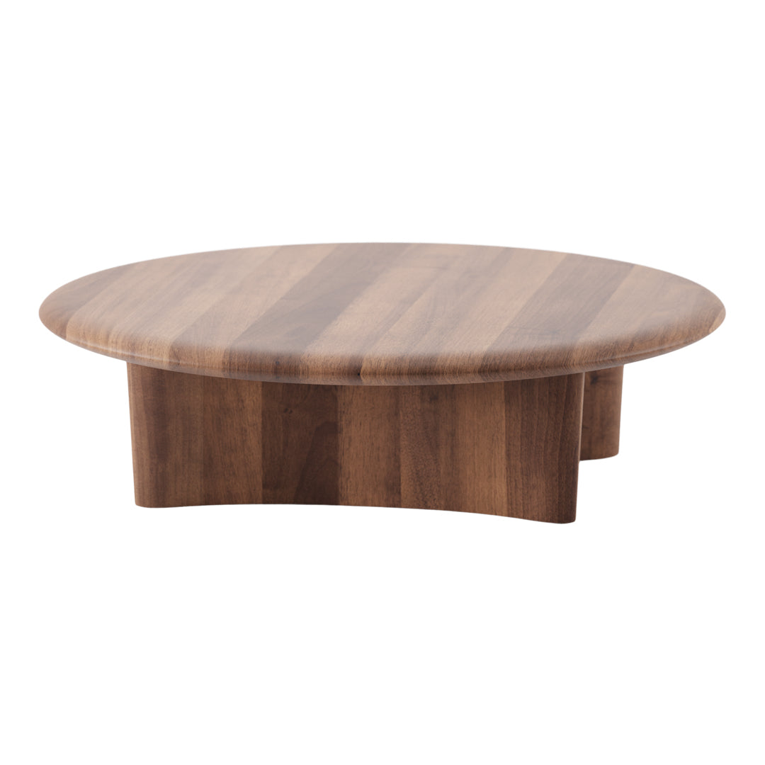 Round wooden serving platter with rich, dark walnut color and subtle stripes, showcasing natural grain patterns.