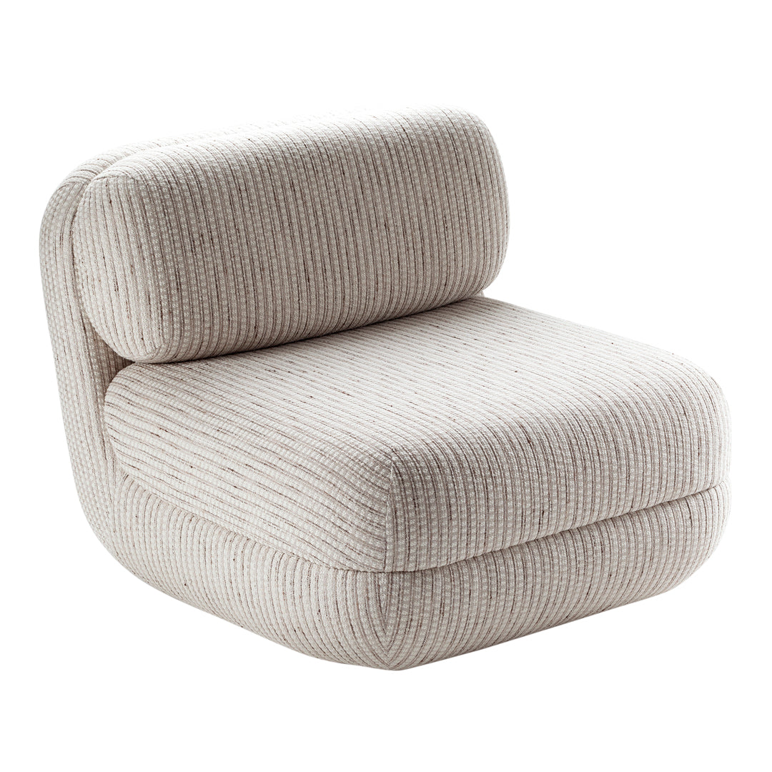 Beige ribbed upholstered chair with a soft texture and subtle speckles for a cozy, modern look.