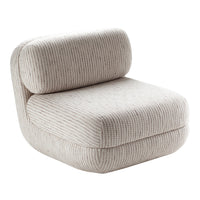 Beige ribbed upholstered chair with a soft texture and subtle speckles for a cozy, modern look.