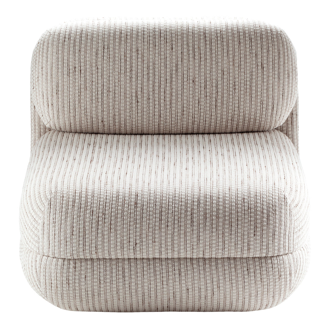 Beige textured chair with subtle vertical stripes and speckled accents for a modern, cozy touch.