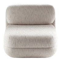 Beige textured chair with subtle vertical stripes and speckled accents for a modern, cozy touch.