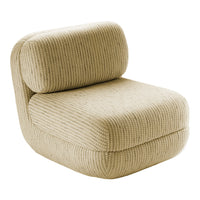 Beige ribbed upholstered chair with a soft, textured fabric and rounded edges. Perfect for a cozy living space.