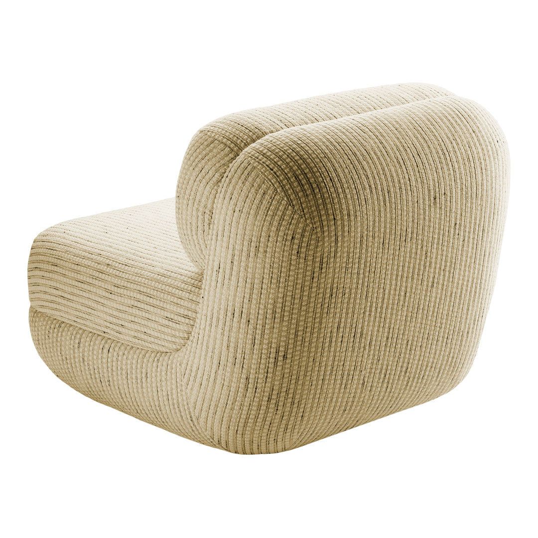 Beige striped accent chair with a soft, textured fabric, showcasing a modern and inviting design.