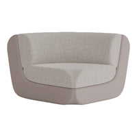 Modern curved sofa in light gray fabric with a beige base, featuring a smooth, textured finish. Perfect for contemporary decor.