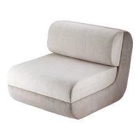 Beige upholstered chair with textured fabric and subtle striped bottom pattern. Modern and minimalist design.