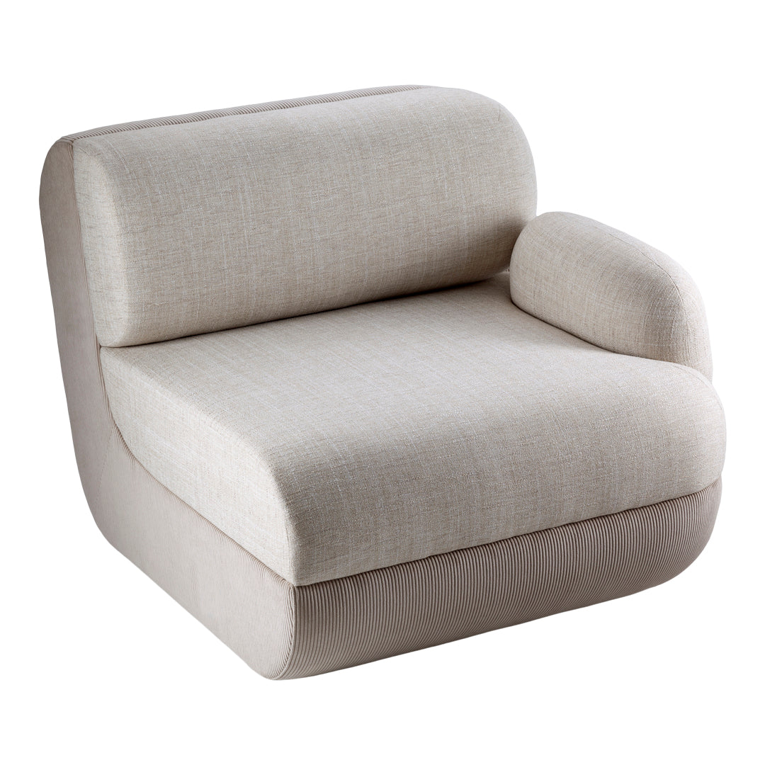 Beige upholstered chair with a smooth, textured surface and subtle ribbed detailing on the base.