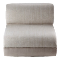 Neutral beige upholstered chair with subtle textured pattern and ribbed bottom design.