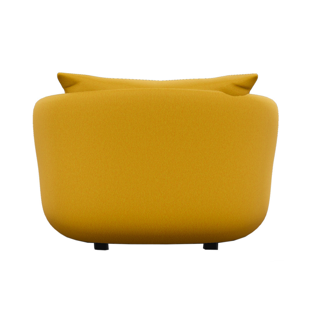 Vibrant mustard yellow upholstered armchair with a smooth, modern design. Ideal for contemporary spaces.