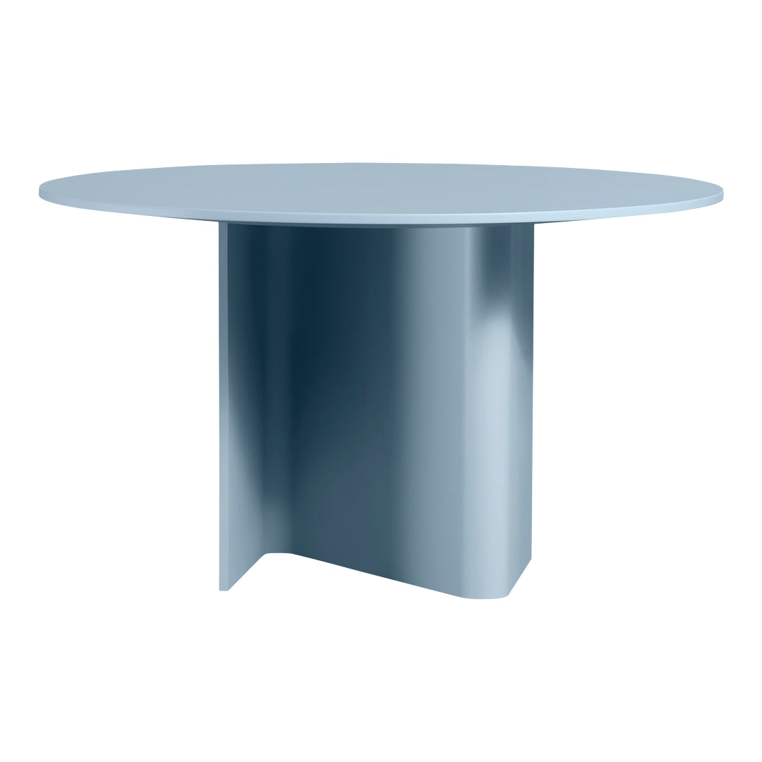 Round blue table with a sleek, glossy surface and modern geometric pedestal design. Perfect for contemporary decor.