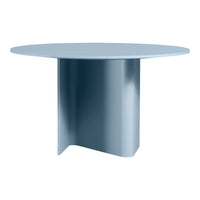 Round blue table with a sleek, glossy surface and modern geometric pedestal design. Perfect for contemporary decor.