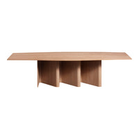 Stylish light wood table with a smooth, sleek surface and unique three-panel base design. Perfect for modern decor.