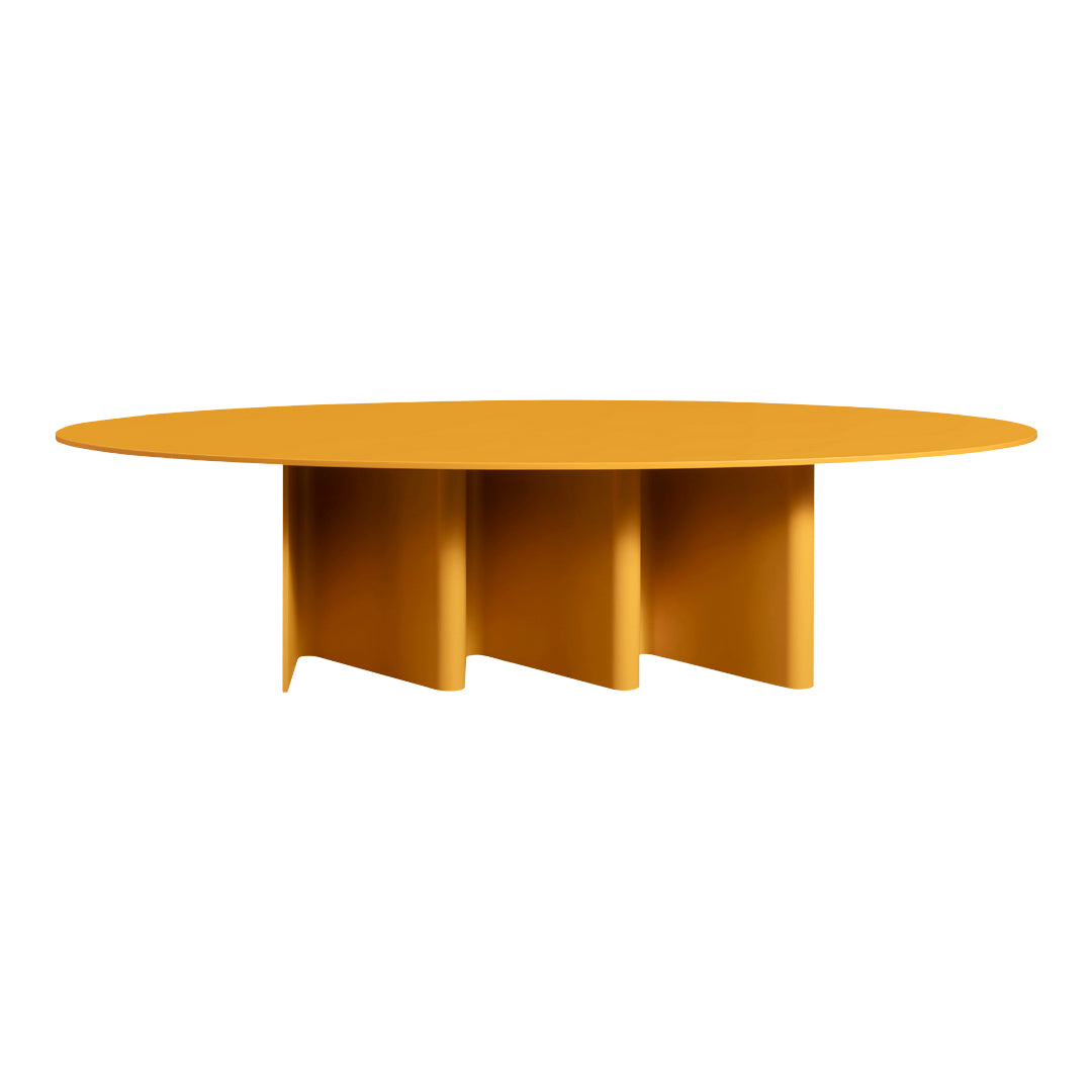 Round mustard yellow table with a sleek, minimalist design and three distinctive base supports. Perfect for modern decor.
