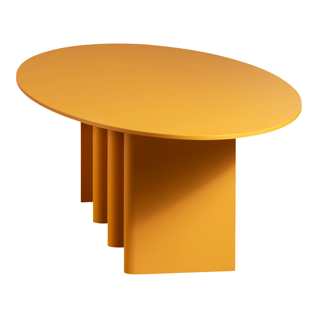 Oval yellow coffee table with a matte finish and geometric base, perfect for modern decor.