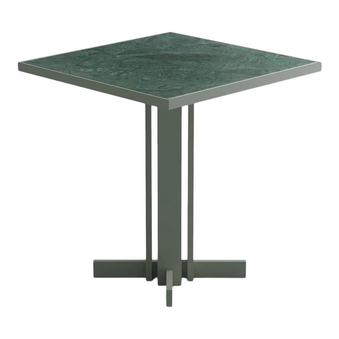 Green patterned tabletop with a sleek gray metal base, perfect for modern interiors.