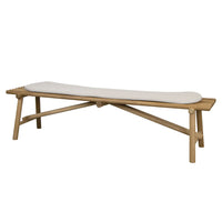 Light beige cushion atop a natural wood bench with a simple, elegant design, featuring a smooth finish and minimalistic lines.