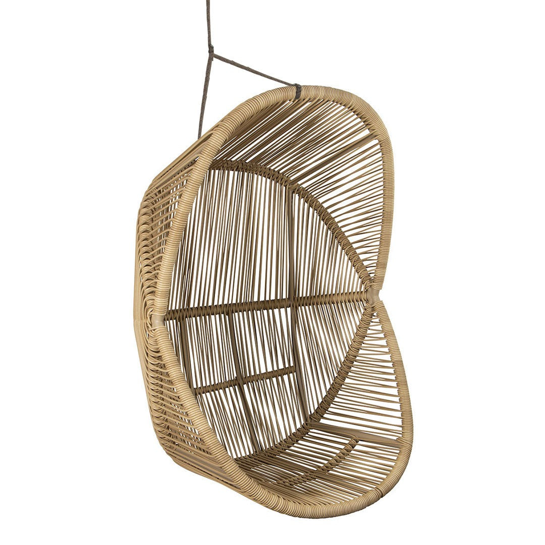 Hanging wicker chair in natural brown tones with an intricate woven pattern. Ideal for indoor or outdoor decor.