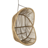 Hanging wicker chair in natural brown tones with an intricate woven pattern. Ideal for indoor or outdoor decor.